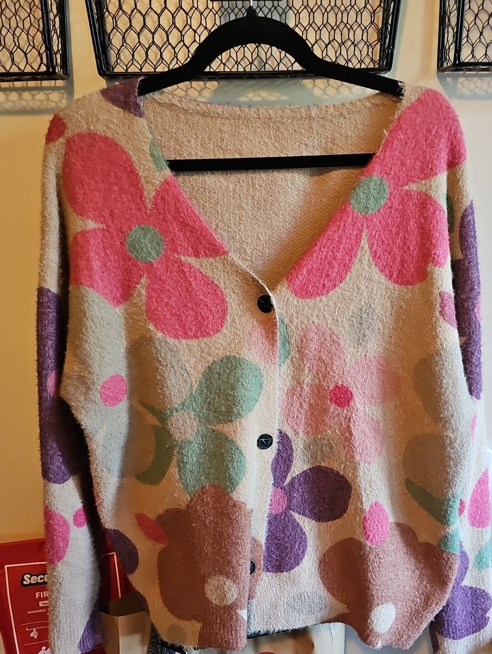 Floral Button-Front V-Neck Sweater Cardigan - Pink & Cream